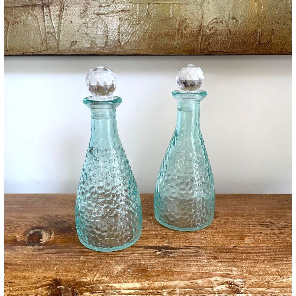 Two Mint Green Hammered Glass Bottles w/Acrylic Stoppers